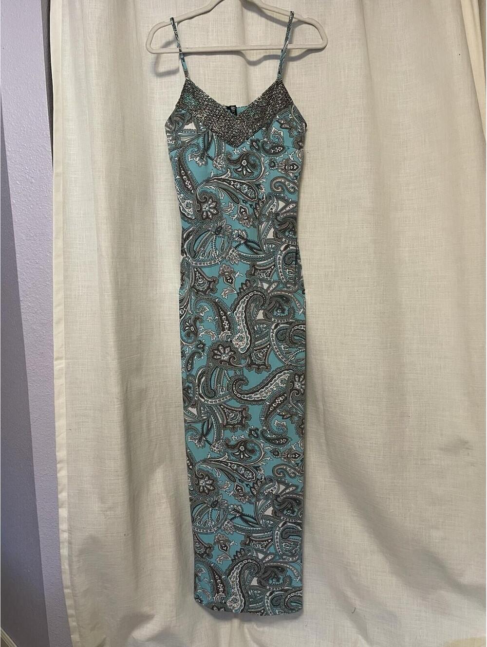 MT Collection Maxi Dress Strappy Turq Gray Beaded Sz Med